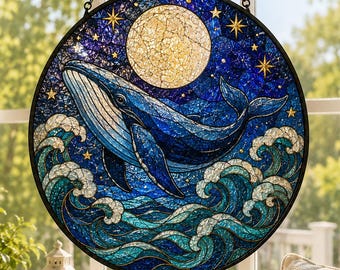 Walvis ronde suncatcher, maan en oceaangolven raam hangende suncatcher, kust nautisch decor, strandhuis cadeau voor haar, walvis suncatcher