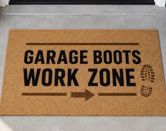Garagelaarzen deurmat werkzone, grappige welkomstmat werklaars, tapijt garagedeur, verandadecor herenwerkplaats, cadeau vader