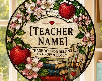 Gepersonaliseerde leraar suncatcher, aangepaste leraar naamvenster hangend, glas-in-lood stijl leraar cadeau, appelbloesem klasdecor