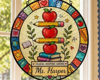 Gepersonaliseerde leraar appel suncatcher, raamdecoratie klas, cadeau leraar waardering, kleurrijk schooldecor, terug naar school cadeau