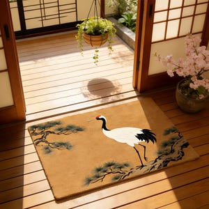Japanese Red-Crowned Crane Doormat,Pine Tree Zen Front Door Mat,Non-Slip Indoor Outdoor Entryway Rug,Japanese Welcome Mat