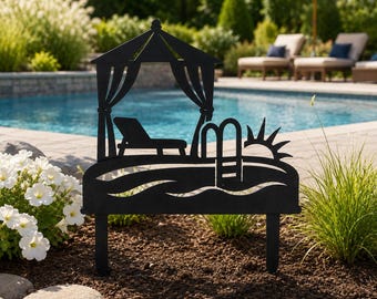 Cabana tuinpaal aan het zwembad, zwarte metalen tuinkunst, terras tuingazondecor, zomercadeau achtertuin