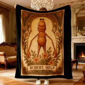 May include: A black blanket featuring a central illustration of a brown, humanoid figure with the text "ROBERT, HELP". The design includes floral and Art Nouveau-inspired elements in shades of brown, beige, and orange. The blanket is held up by a person.