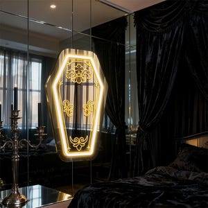 Letrero de neón con espejo de ataúd, decoración gótica para el hogar, regalo para amantes góticos, letrero de neón con ataúd, arte de pared gótico oscuro, decoración de pared de Halloween, decoración gótica de ataúd