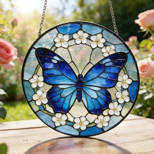 May include: Round stained glass window art featuring a blue butterfly with intricate wing details. The butterfly is surrounded by white flowers and a light blue border. A decorative piece with a chain for hanging.