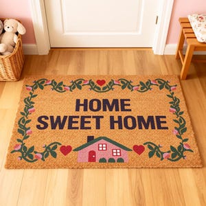 Peut inclure: Un paillasson rectangulaire avec les mots "HOME SWEET HOME" en bleu foncé. Le tapis a un fond brun clair avec une bordure florale et un dessin de maison. La bordure comprend des feuilles vertes, des fleurs roses et des cœurs rouges.