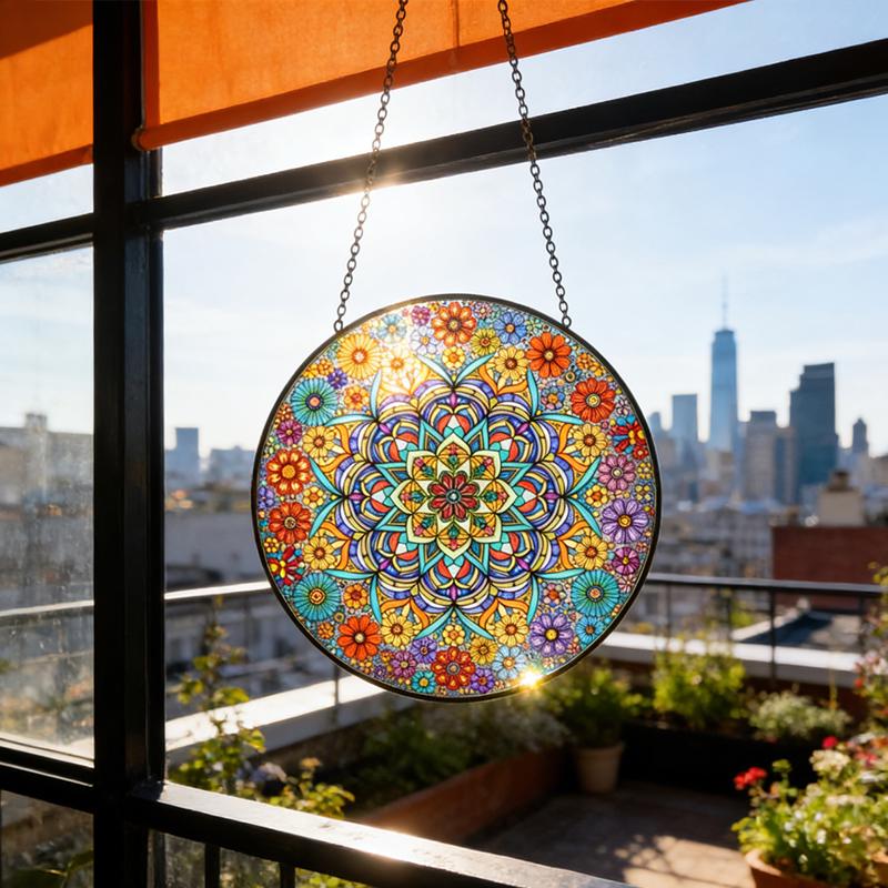 Acchiappasole Mandala in Vetro, Arredo Finestra Boho, Pannello Floreale, Decorazione Geometrica, Acchiappasole Boho, Arredo Giardino