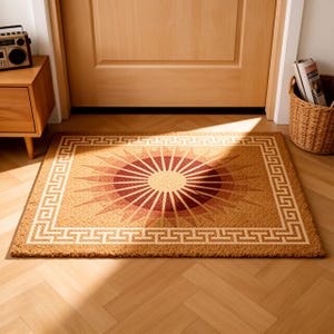 May include: Rectangular doormat with a sunburst design in shades of brown, red, and beige. The sunburst is centered, surrounded by a white Greek key border. The mat is made of a natural fiber material.