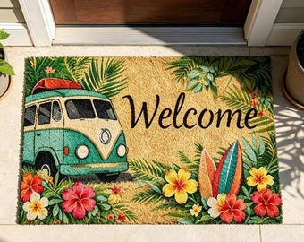Retro Surf Van Tropical Welcome Doormat, Camper Van Floral Mat, Vintage Camper Van Welcome Mat, Hibiscus Plumeria Mat, Regalo para los amantes del surf