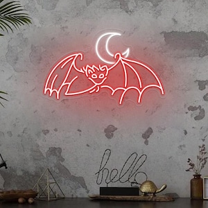 Crescent Moon Bat Neon Sign,Bat Sign Halloween Decor,Halloween Window Bat Hanging Sign,Bat Lover Gifts,Gothic Halloween Decor,Goth Wall Art