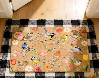 Paillasson Oiseau Bohème, Tapis Bienvenue Oiseaux, Paillasson Fleurs de Printemps, Tapis Fleurs Sauvages, Tapis d'Entrée Oiseaux