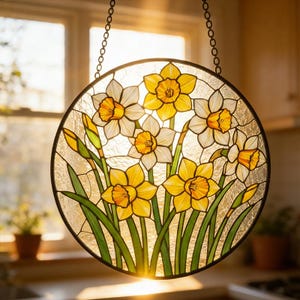 May include: A circular stained glass window depicting daffodils, suspended by a chain. The flowers have yellow and white petals with orange centers and green stems. The glass is clear and textured, with a black frame. The window is approximately 25 cm in diameter.