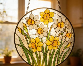 Atrapasol Narciso de Vidriera,Colgante Floral Amarillo, Decoración Jardín Primavera, Arte de Narciso, Regalo Cumpleaños Mamá, Arte de Jardín