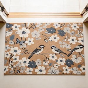 Flower Doormat,Birds Welcome Mat,Wildflower Doormat,Spring Floral Door Mat,Butterfly Front Doormat,Front Porch Doormat,Outdoor Doormat