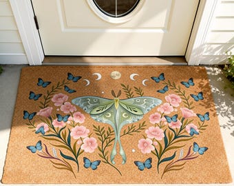 Mystieke Maanvlinder mat, Bloemen welkomstmat, Vlinder deurmat, Planten thema mat, Entree mat, Buitenmat