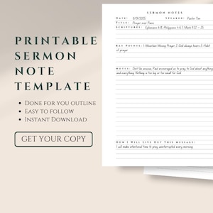 Könnte beinhalten: Druckbare Predigtnotizvorlage mit dem Text "Druckbare Predigtnotizvorlage". Die Vorlage enthält Abschnitte für Datum, Titel, Schriftstellen, Schlüsselpunkte, Notizen und wie man die Botschaft lebt. Die Vorlage ist einfach zu befolgen und sofort herunterzuladen.