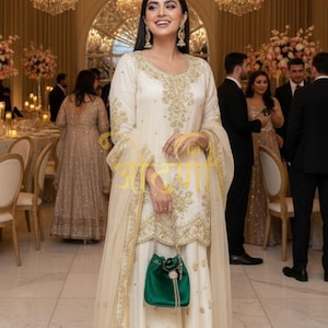 Conjunto de Kurti, pantalón y dupatta de seda pura con bordado de lentejuelas en color blanco roto, kurta palazzo, salwar kameez de 3 piezas, ropa de fiesta lista para usar para niñas.