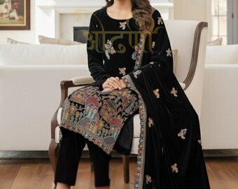 Royal Velvet Embroidered Black Kurti Pant Dupatta Set Kurta Palazzo 3 pc Salwar Kameez Readymade