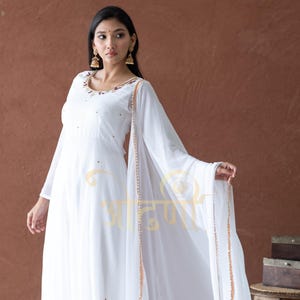 Beautiful White Embroidered & Handwork Full Flared Long Anarkali Kurta Pant and Dupatta 3 Pc Readymade Salwar Kameez Partywear Indian Dress