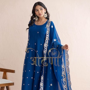 Premium Embroidered Navy Blue Full Flared Long Anarkali Kurta with Pant and Dupatta 3 Pc Readymade Salwar Kameez Partywear Indian Dresses