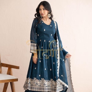 Premium Embroidered Navy Blue Full Flared Long Anarkali Gown Kurta Palazzo set Dupatta 3 Pc Readymade Salwar Kameez Partywear Indian Dresses