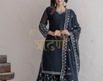 Pakistani Black Embroidered Kurta Sharara Set Partywear Indian 3pc Salwar Kameez Modest Eid Diwali Outfit Bridal Bridesmaid Gifts Readymade