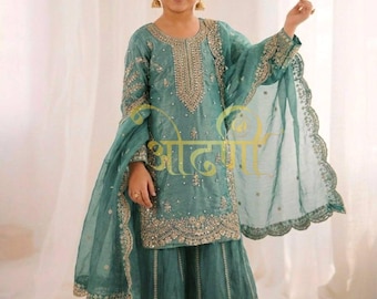 Girls Pure GMY Silk Embroidered Kurti Sharara Dupatta salwar Kameez Set for Kids