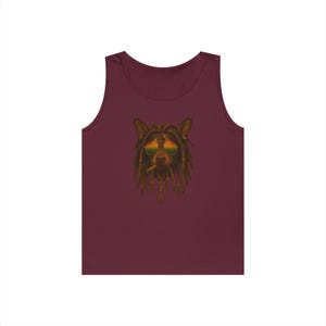 May include: Maroon vest top featuring a dog with dreadlocks, sunglasses, and a lit cigarette. The dog's face is the focal point, with the sunglasses reflecting a sunset gradient. The vest top is a solid maroon colour.