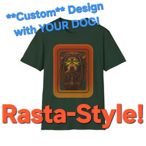 May include: Dark green t-shirt featuring a dog with dreadlocks, wearing sunglasses with the Jamaican flag colors. The shirt has the text "Custom Design with YOUR DOG!" and "Rasta-Style!" in blue and orange.