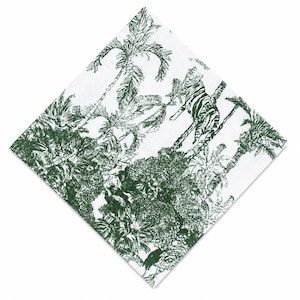 May include: White square napkin with a green jungle scene print. The design features palm trees, foliage, and a tiger climbing a tree. The napkin is folded diagonally, showcasing the full pattern.