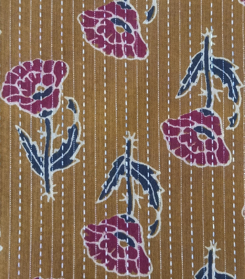 Kantha Embroidery Fabric by the Yard: 100% Cotton Indian Print Mustard Yellow