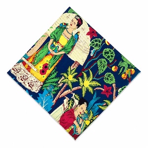 May include: A square, colorful fabric featuring a vibrant illustration of a woman with parrots and monkeys, set against a backdrop of palm trees and tropical foliage. The design incorporates shades of blue, green, red, and yellow.