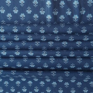 May include: Close-up of folded fabric with a repeating floral pattern. The fabric is a deep navy blue, with a lighter blue floral design. The flowers have a stylized, symmetrical shape. The fabric is folded in neat horizontal layers.