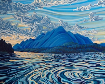 Zonsondergang, Lake Koocanusa, 5 x 7, kunstafdruk, klaar om op te hangen