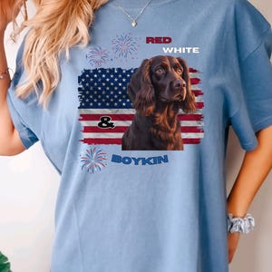 May include: A light blue t-shirt featuring a Boykin Spaniel dog illustration with an American flag design. The design includes the words "RED WHITE & BOYKIN" and fireworks.