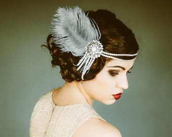 Flapper Headpiece, Vintage Inspired, Bridal Headband, The Great Gatsby, 1920s, 1930s, Party, Roaring 20's, Silver, Gray, Pearl, Feather 103