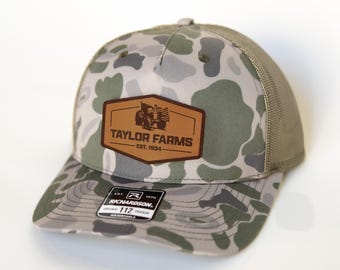 Camo Custom Farm Hat, Camo Hat, Personalized Trucker Hat Tractor Leather Patch, Field Hat, Farmer Gift, Custom Name Hat, Richardson 112 Hat