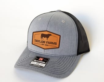 Custom Leather Patch Trucker Hat, Personalized Farm Name, Cattle In Field, Richardson 112, Custom Farm Name Hat, Cow Hat
