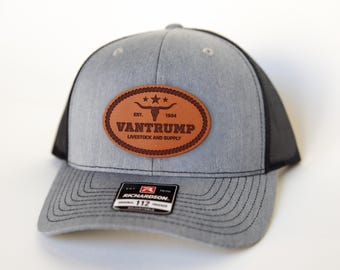 Custom Farm Hat, Personalized Trucker Hat with Longhorn Leather Patch, Custom Ranch Hat, Farmer Gift, Custom Name Hat, Richardson 112 Hat