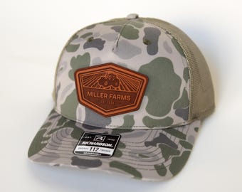 Camo Custom Farm Hat, Camo Hat, Personalized Trucker Hat Tractor Leather Patch, Ranch Hat, Farmer Gift, Custom Name Hat, Richardson 112 Hat