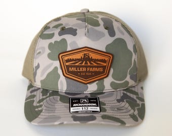 Camo Custom Farm Hat, Camo Hat, Personalized Trucker Hat Tractor Leather Patch, Field Hat, Farmer Gift, Custom Name Hat, Richardson 112 Hat
