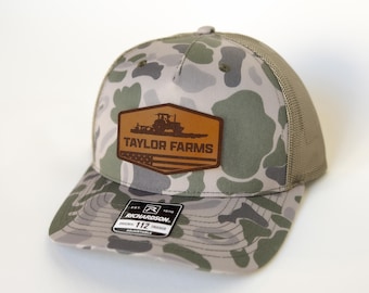 Camo Custom Farm Hat, Camo Hat, Personalized Trucker Hat Tractor Leather Patch, Field Hat, Farmer Gift, Custom Name Hat, Richardson 112 Hat