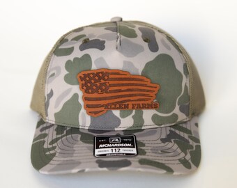 Camo USA Custom Farm Hat, Camo Hat, Personalized USA Hat, USA Flag Leather Patch, Farmer Gift, Custom Name Hat, Richardson 112 Hat