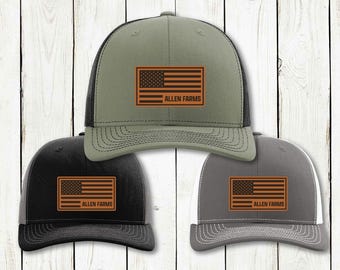 Custom Leather Patch Trucker Hat, Personalized Farm Name, American Flag, Richardson 112, Custom Farm Name Hat