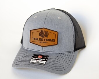 Custom Leather Patch Trucker Hat, Personalized Farm Name, Tractor Field, Richardson 112, Custom Farm Name Hat