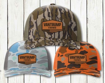 Camo Custom Farm Hat, Camo Hat, Personalized Trucker Hat USA Leather Patch, USA Flag Hat, Farmer Gift, Custom Name Hat, Richardson 112 Hat