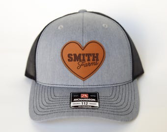 Custom Heart Leather Patch Trucker Hat, Personalized Farm Name, Farm Girl Hat, Richardson 112, Custom Farm Name Hat, Farm Wife Hat