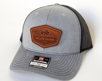 Custom Farm Hat, Personalized Trucker Hat with Tractor Leather Patch, Farm Field, Farmer Gift, Custom Name Hat, Richardson 112 Hat