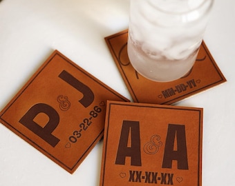 Custom Leather Monogram Coasters, Personalized Initials Date Coasters, Anniversary Coaster Gift, Custom Wedding Date Leather Coasters