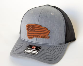 Custom USA Leather Patch Trucker Hat, Personalized Farm Name, USA Flag, Richardson 112, Custom Farm Name Hat